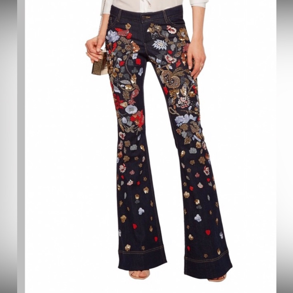 NEW! Alice + Olivia dark Blue Ryley denim jeans,embroidered, beaded,flare, Sz.26